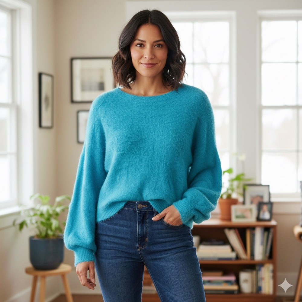 Athena Marie Teal blue fuzzy sweater size XL